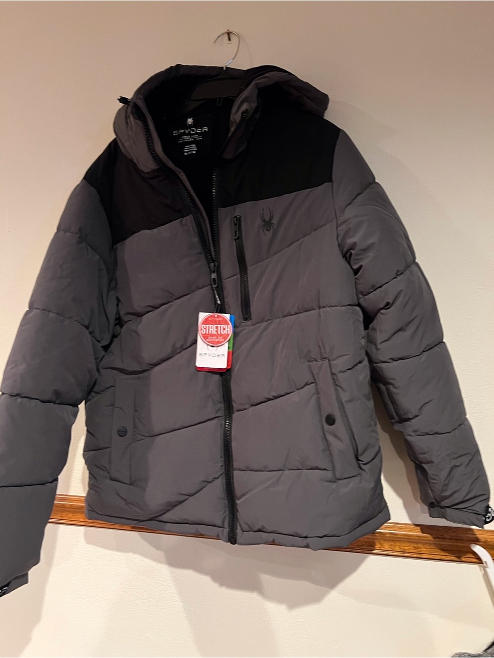 Spyder Men’s Hooded Puffer Jacket - Gray with Black Yoke